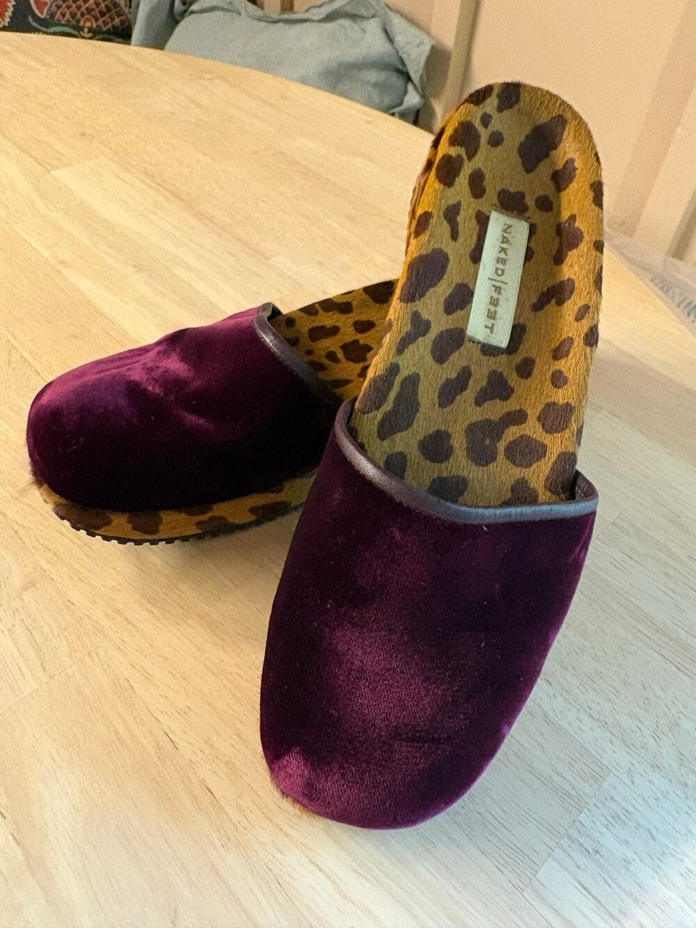 Naked Feet Velvet Leopard Calf Hair Mule Slippers Burgundy Clogs Slip On Luxury